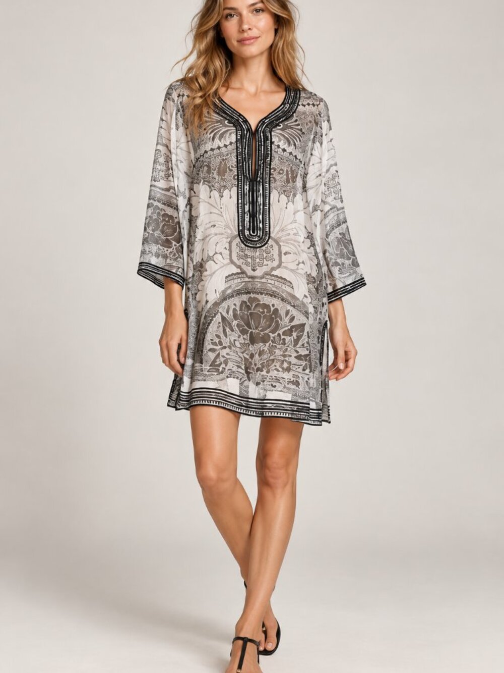 NWOT Calypso St. Barth Silver Paisley Cotton Tunic Blouse Size S